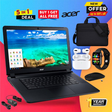 5 In 1 Bundle Offer ACER Chromebook with Mouse, Carry Case Bag Smart Watch & Airpods Pro.  