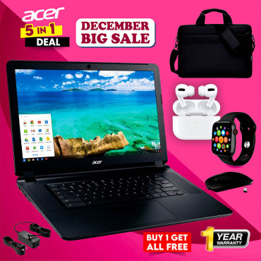 5 In 1 Bundle Offer ACER C740 Chromebook with Mouse, Carry Case Bag Smart Watch & Airpods Pro.  
