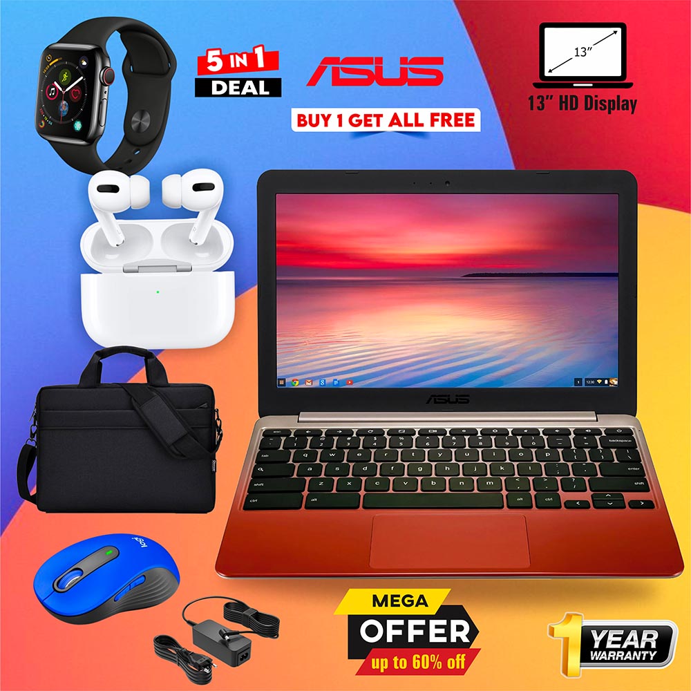 5 In 1 Bundle Offer ASUS Chromebook With Mouse, Carry Case Bag Smart Watch Airpods Pro