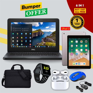 6 In 1 Bundle Offer DELL Chromebook 11 with iPad 2, Mouse, smartwatch, AirPods, & Carry case Bag.