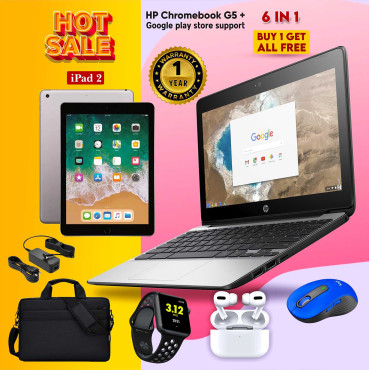 6 In 1 Bundle Offer HP Chromebook G5 11th Generation with iPad 2, Mouse, Carry Case Bag Smart Watch Airpods Pro.