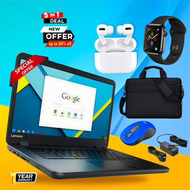 5 in 1 Super Deal Lenovo N42 Chromebook with Mouse, Carry Case Bag Smart Watch Airpods Pro