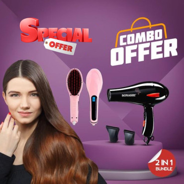 2 In 1 Combo, Professional Lcd Display Fast Hair Straightener Brush, E Mart Hair Drayer, DR22