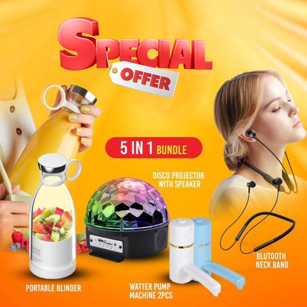 5 in 1 bundle , portable blinder , water pumb machine 2 pcs, disco projector with speaker ,blutooth neck band, pds41