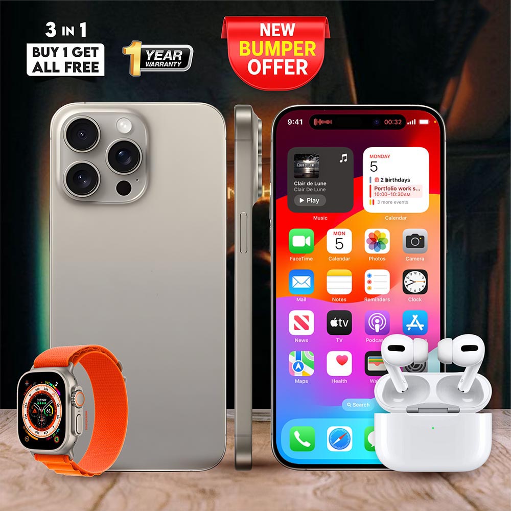 3 in 1 Bundle offer 15 Pro Max Mobile 6.7 Display  with Smartwatch and Airpods Pro