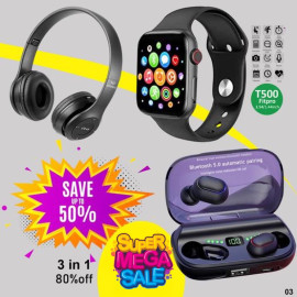 3 In 1 Combo Offer, P47 Bluetooth Headset, GSM Smart Watch, MT10 Bluetooth Handfree SP21