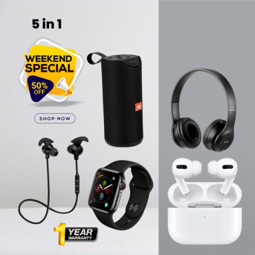 5 In 1 Combo Offer, Smart Watch, Airpods Pro Portable Bluetooth Speaker, P47 Bluetooth Headset, K9 Sports Bluetooth Headset SP21