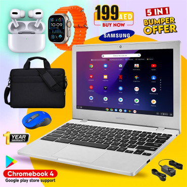 Mega Offer Samsung Laptop Chromebook 4 Bundle 5 in 1 with Mouse, Carry Case Bag Smart Watch Airpods Pro.