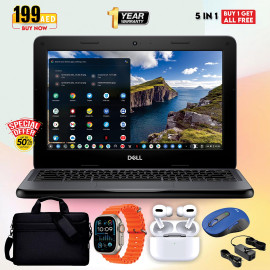 5 In 1 Bundle Offer DELL Chromebook 11 with Mouse, smartwatch, AirPods, & Carry case Bag