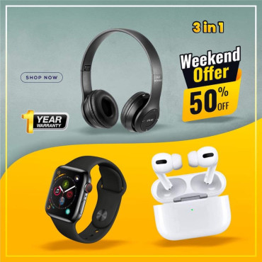3 In 1 Combo Offer, Smart Watch, Airpods Pro, P47 Bluetooth Headset, SP30