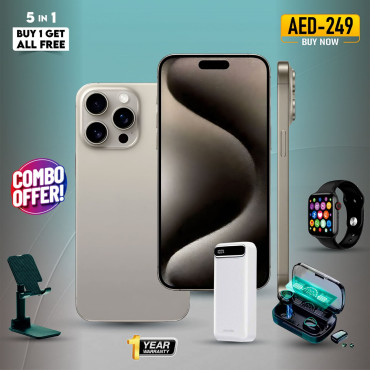 5 in 1 Bundle offer 15 Pro Max Mobile 6.7 Display  with Smartwatch and Airpods Pro Power Bank Mobile Stand